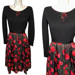 Vtg 60s Edith Flagg Black Pink Rose Floral Long Sleeve Party Dress Belt Sz XS/S